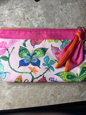 Estee Lauder Pink Butterfly Print Cosmetic Clutch with Tassel